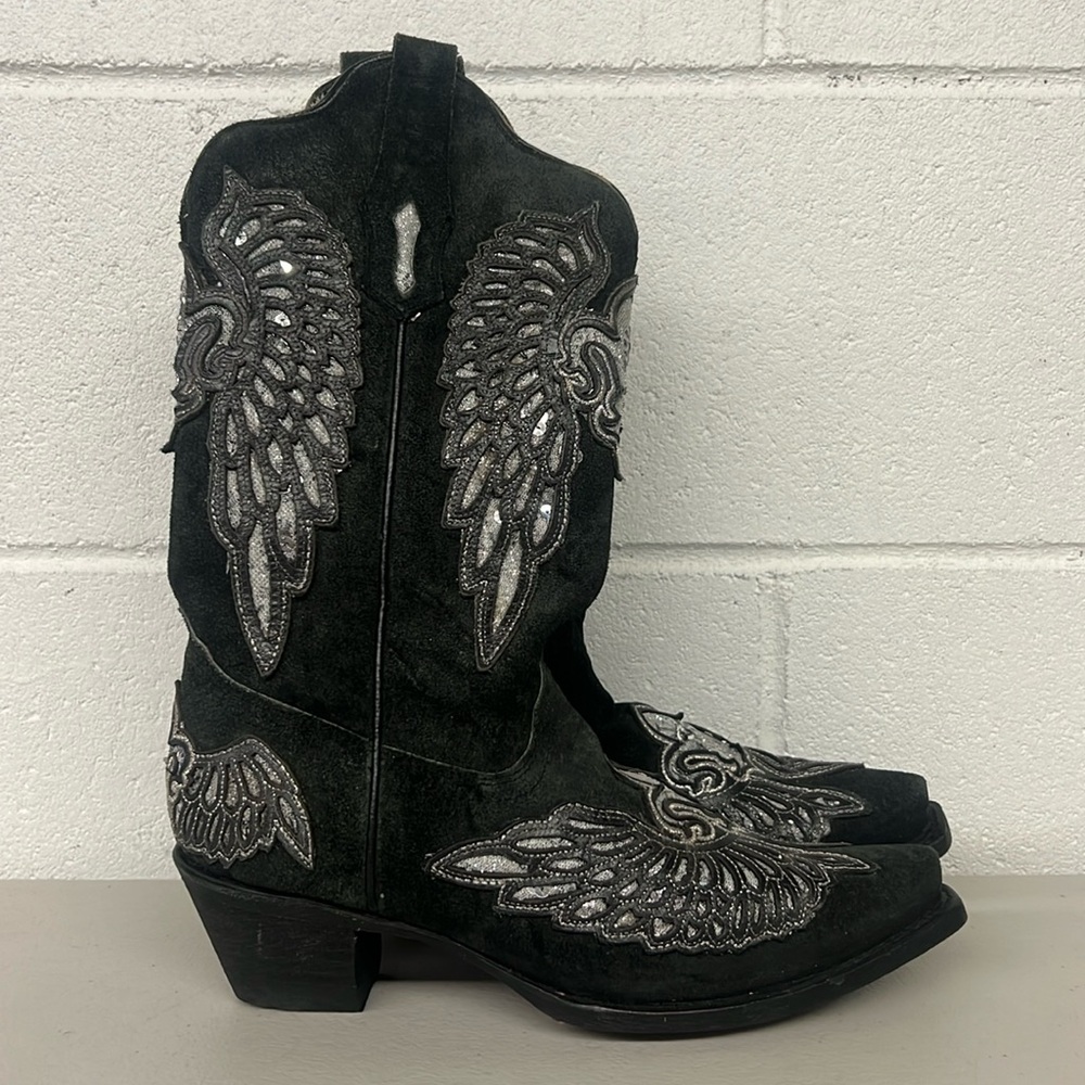 Corral boots western sz7.5 cowboy silver gray suede crystal winged pull on